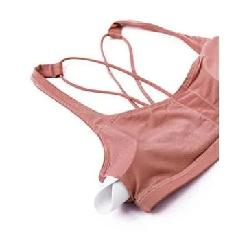 CRZ YOGA Women's Light Support Strappy Sports Bra - Low Cut Wirefree Padded Yoga Cami Criss Cross Back Light Reddish Brown Medium