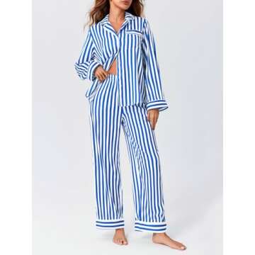 Imily Bela Women's Striped Pajama Set Long Sleeve Button Down Sleepwear 2 Piece Satin Silk Loungewear Blue