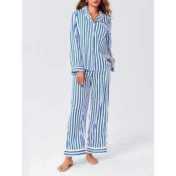 Imily Bela Women's Striped Pajama Set Long Sleeve Button Down Sleepwear 2 Piece Satin Silk Loungewear Blue