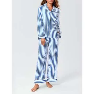 Imily Bela Women's Striped Pajama Set Long Sleeve Button Down Sleepwear 2 Piece Satin Silk Loungewear Blue