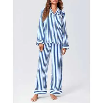 Imily Bela Women's Striped Pajama Set Long Sleeve Button Down Sleepwear 2 Piece Satin Silk Loungewear Blue
