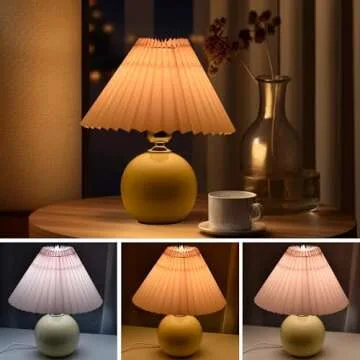 Korean Pleated Table Lamp Ins DIY Ceramic Table Lamps for Living Room Home Deco Cute Lamp with Tricolor Led Bulb Beside Lamp…