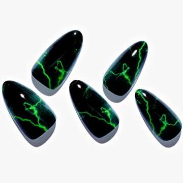 GLAMERMAID Press on Nails Medium Almond, Gothic Green Lightning in Black Gel Glue on Nail, 24Pcs Glo...