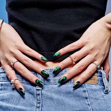 GLAMERMAID Press on Nails Medium Almond, Gothic Green Lightning in Black Gel Glue on Nail, 24Pcs Glossy Short Stiletto Reusable UV Finish Fake Nails Acrylic False Nails Manicure Kits for Women