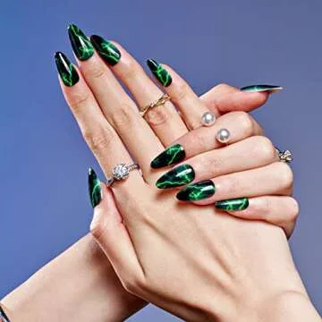 GLAMERMAID Press on Nails Medium Almond, Gothic Green Lightning in Black Gel Glue on Nail, 24Pcs Glossy Short Stiletto Reusable UV Finish Fake Nails Acrylic False Nails Manicure Kits for Women