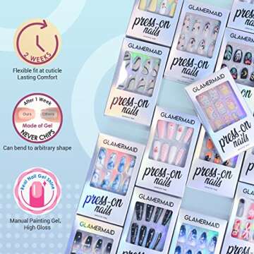 GLAMERMAID Press on Nails Medium Almond, Gothic Green Lightning in Black Gel Glue on Nail, 24Pcs Glossy Short Stiletto Reusable UV Finish Fake Nails Acrylic False Nails Manicure Kits for Women