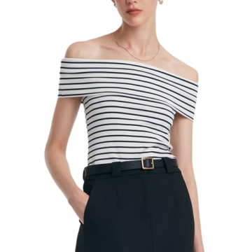 Women's Off Shoulder Short Sleeve Blue Stripe Knit T Shirt 2024 Dressy White Slim Fit Business Casua...