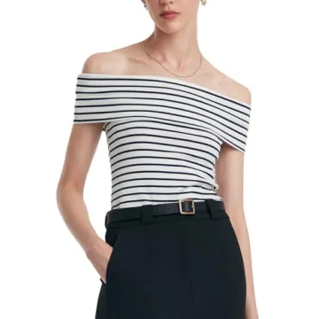 Women's Off Shoulder Short Sleeve Blue Stripe Knit T Shirt 2024 Dressy White Slim Fit Business Casua...
