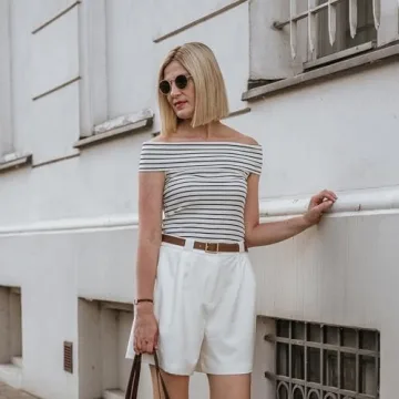 Women's Off Shoulder Short Sleeve Blue Stripe Knit T Shirt 2024 Dressy White Slim Fit Business Casual Tops for Women