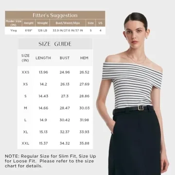 Women's Off Shoulder Short Sleeve Blue Stripe Knit T Shirt 2024 Dressy White Slim Fit Business Casual Tops for Women