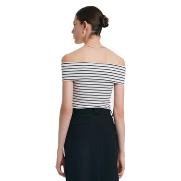 Women's Off Shoulder Short Sleeve Blue Stripe Knit T Shirt 2024 Dressy White Slim Fit Business Casual Tops for Women