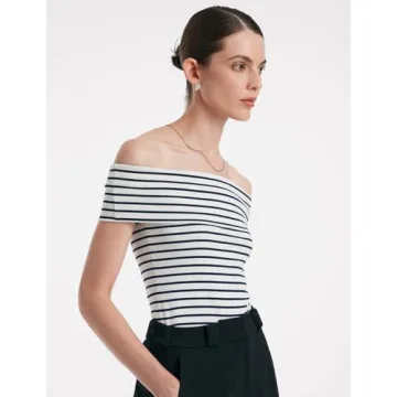 Women's Off Shoulder Short Sleeve Blue Stripe Knit T Shirt 2024 Dressy White Slim Fit Business Casual Tops for Women