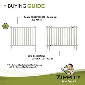 3ft H x 3.5ft W (2 Panels) No Dig Zippity Baskenridge Fence Panel Kit, Vinyl Fence Panel, White Vinyl Fences for Yard, Temporary Fence for Backyard, White Picket Fence Garden Border, DIY Fence ZP19037