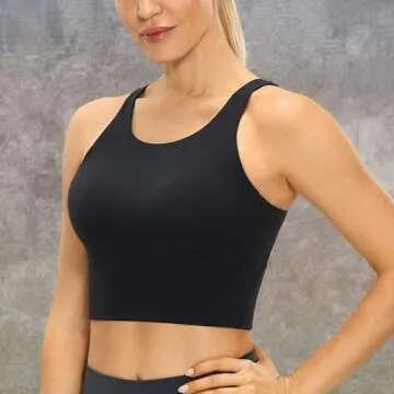 CRZ YOGA High Neck Longline Sports Bra for Women - V-Back Cropped Tank Tops Wireless Padded Workout Yoga Bras Black Large