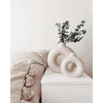 White Ceramic Vase Set of 2, Boho Farmhouse Table Shelf Decor Modern Minimalist Donut Vases Pampas Grass Flower Vases for Living Room Wedding Office Bedroom