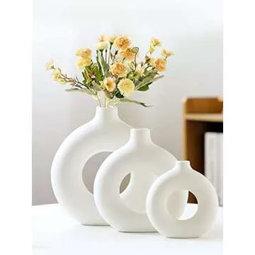 White Ceramic Vase Set of 2, Boho Farmhouse Table Shelf Decor Modern Minimalist Donut Vases Pampas Grass Flower Vases for Living Room Wedding Office Bedroom
