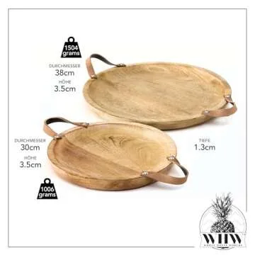 Mango Wood Board Server Trays, Set of 2, Brown Leather Handles, Rustic Rounds, 15 and 12 Inches Diameter