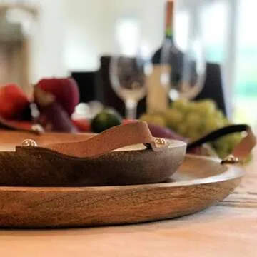 Mango Wood Board Server Trays, Set of 2, Brown Leather Handles, Rustic Rounds, 15 and 12 Inches Diameter