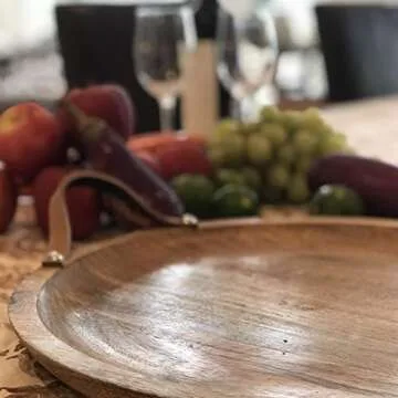 Mango Wood Board Server Trays, Set of 2, Brown Leather Handles, Rustic Rounds, 15 and 12 Inches Diameter