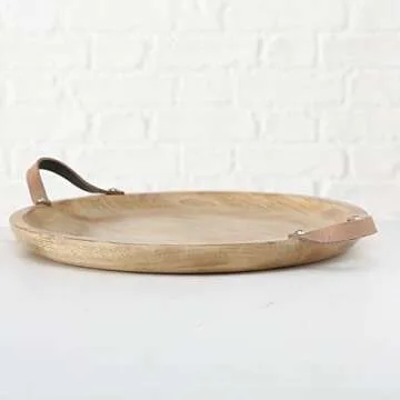 Mango Wood Board Server Trays, Set of 2, Brown Leather Handles, Rustic Rounds, 15 and 12 Inches Diameter