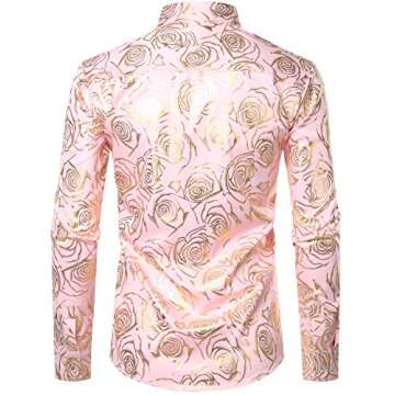 ZEROYAA Men's Nightclub Rose Gold Shiny Flowered Printed Slim Fit Button Down Dress Shirts for Party ZZCL18 Pink Medium