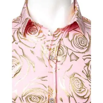 ZEROYAA Men's Nightclub Rose Gold Shiny Flowered Printed Slim Fit Button Down Dress Shirts for Party ZZCL18 Pink Medium