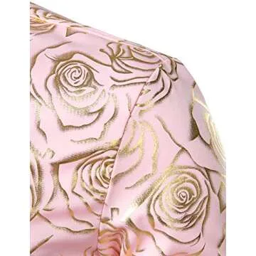 ZEROYAA Men's Nightclub Rose Gold Shiny Flowered Printed Slim Fit Button Down Dress Shirts for Party ZZCL18 Pink Medium
