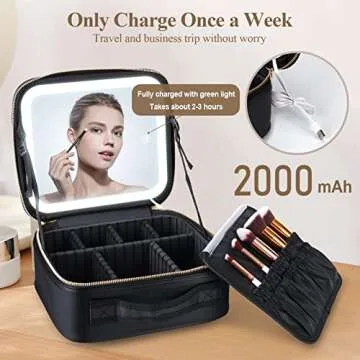 Travel Makeup Bag with Light Up Mirror, Large Makeup Train Case with Adjustable Dividers, Makeup Case with lighted mirror, Makeup Travel Case, Cosmetic Bag Makeup Bag with Mirror Toiletry Gift