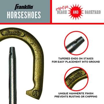 Franklin Sports Horseshoes Set - Metal Horseshoe Game Set for Adults + Kids - Official Weight Steel Construction - Beach + Lawn Outdoor Game - Includes (4) Horseshoes and (2) Ground Stakes - Starter