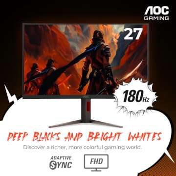 AOC C27G4H 27" Curved Gaming Monitor, FHD 1080p, 180Hz, AMD FreeSync, 3-Year Zero Dead Pixel Guarant...