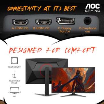 AOC C27G4H 27" Curved Gaming Monitor, FHD 1080p, 180Hz, AMD FreeSync, 3-Year Zero Dead Pixel Guarantee, Black, Xbox PS5 Switch Compatible
