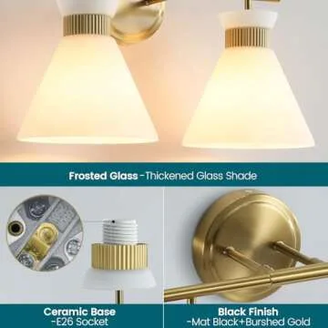 WOSHITU Bathroom Vanity Light Fixtures: 2 Lights Mid Century Modern Vanity Lights for Bathroom, Brass Gold Wall Sconce Lighting with Frosted Milky Glass for Over Mirror Bedroom Hallway