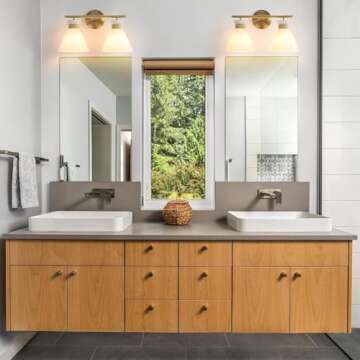 WOSHITU Bathroom Vanity Light Fixtures: 2 Lights Mid Century Modern Vanity Lights for Bathroom, Brass Gold Wall Sconce Lighting with Frosted Milky Glass for Over Mirror Bedroom Hallway