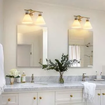 WOSHITU Bathroom Vanity Light Fixtures: 2 Lights Mid Century Modern Vanity Lights for Bathroom, Brass Gold Wall Sconce Lighting with Frosted Milky Glass for Over Mirror Bedroom Hallway