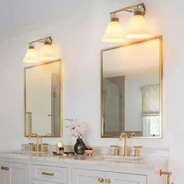 WOSHITU Bathroom Vanity Light Fixtures: 2 Lights Mid Century Modern Vanity Lights for Bathroom, Brass Gold Wall Sconce Lighting with Frosted Milky Glass for Over Mirror Bedroom Hallway