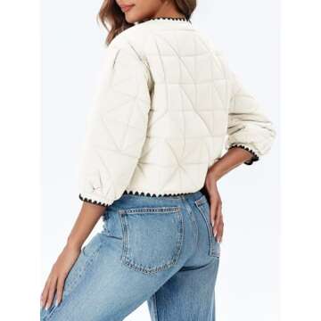 Tankaneo Womens Cropped Quilted Jacket Winter Lightweight Puff 3/4 Sleeve Button Down Contrast Trim Coat