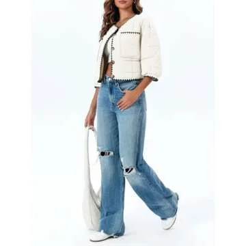 Tankaneo Womens Cropped Quilted Jacket Winter Lightweight Puff 3/4 Sleeve Button Down Contrast Trim Coat