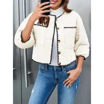Tankaneo Womens Cropped Quilted Jacket Winter Lightweight Puff 3/4 Sleeve Button Down Contrast Trim Coat
