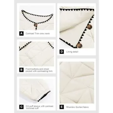 Tankaneo Womens Cropped Quilted Jacket Winter Lightweight Puff 3/4 Sleeve Button Down Contrast Trim Coat