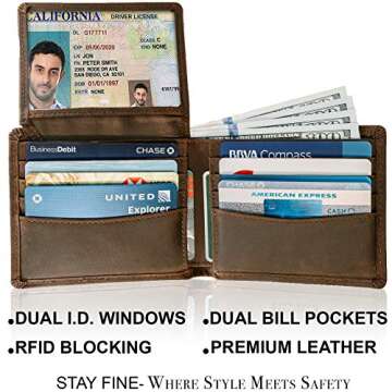 STAY FINE Top Grain Leather Wallet for Men | RFID Blocking | Bifold, Extra Capacity with 2 ID Window...