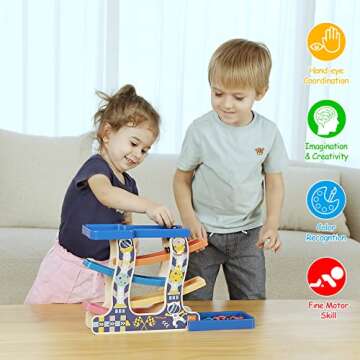 Tmgooyier Toddler Toys for 1 2 3 Years Old, Wooden Car Ramp Racer Toy Vehicle Set with 4 Mini Cars & Race Tracks, Montessori Toys for Toddlers Boys Girls Birthday