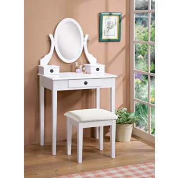 Roundhill Furniture Moniya White Wood Vanity Table and Stool Set (3415WH) Medium