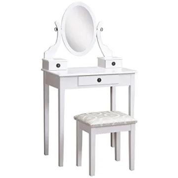 Roundhill Furniture Moniya White Wood Vanity Table and Stool Set (3415WH) Medium
