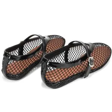 ZVC Mesh Ballet Flats for Women Comfortable Buckle Strap Fishnet Ballerina Shoes Woven Casual Dressy Mary Jane Flats Black
