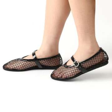 ZVC Mesh Ballet Flats for Women Comfortable Buckle Strap Fishnet Ballerina Shoes Woven Casual Dressy Mary Jane Flats Black