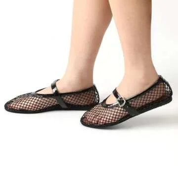 ZVC Mesh Ballet Flats for Women Comfortable Buckle Strap Fishnet Ballerina Shoes Woven Casual Dressy Mary Jane Flats Black