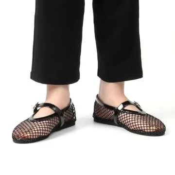 ZVC Mesh Ballet Flats for Women Comfortable Buckle Strap Fishnet Ballerina Shoes Woven Casual Dressy Mary Jane Flats Black