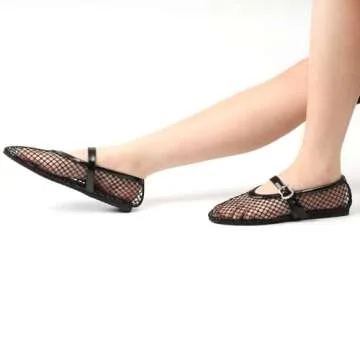 ZVC Mesh Ballet Flats for Women Comfortable Buckle Strap Fishnet Ballerina Shoes Woven Casual Dressy Mary Jane Flats Black