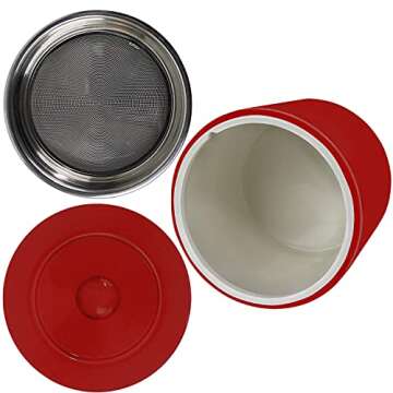 Blue Donuts Ceramic Bacon Grease Container with Strainer - Farmhouse Grease Can for Kitchen with Strainer, Removable Grease Strainer, 32 Oz Oil Holders for Cooking, Red Grease Container for Kitchen