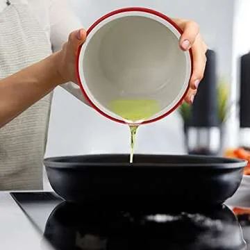 Blue Donuts Ceramic Bacon Grease Container with Strainer - Farmhouse Grease Can for Kitchen with Strainer, Removable Grease Strainer, 32 Oz Oil Holders for Cooking, Red Grease Container for Kitchen